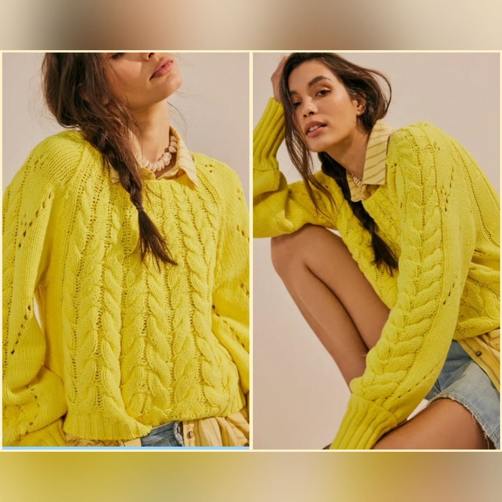 Free People Sandre Pullover Yellow in love Size Medium NWT